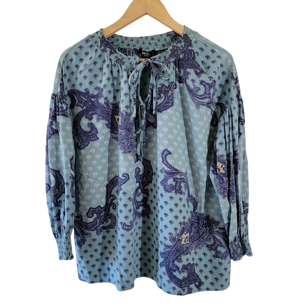 NINE WEST Jeans Blue Paisley Long Sleeve Boho Top Sz M Tie Front Cottagecore
